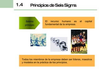 El recurso humano es el capital fundamental de la empresa. Principios de Seis Sigma 1.4 Sétimo principio Todos los miembros de la empresa deben ser líderes, maestros y modelos en la práctica de los principios. 