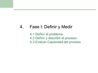 4. Fase I: Definir y Medir 4.1 Definir el problema 4.2 Definir y describir el proceso 4.3 Evaluar Capacidad del proceso 