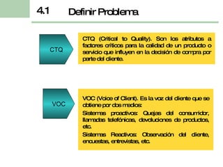 Definir Problema 4.1 CTQ VOC CTQ (Critical to Quality). Son los atributos a factores críticos para la calidad de un producto o servicio que influyen en la decisión de compra por parte del cliente. VOC (Voice of Client). Es la voz del cliente que se obtiene por dos medios: Sistemas proactivos: Quejas del consumidor, llamadas telefónicas, devoluciones de productos, etc. Sistemas Reactivos: Observación del cliente, encuestas, entrevistas, etc. 