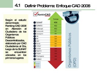 Según el estudio denominado Ranking CAD 2008 en Atención al Ciudadano de los Organismos Públicos Descentralizados, elaborado por CAD Ciudadanos al Día, luego de la SUNAT se encuentran ubicados en los primeros lugares  Definir Problema: Enfoque CAD 2008 4.1 