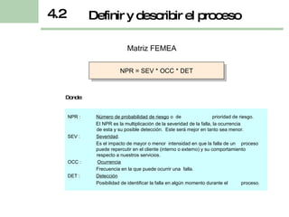 NPR = SEV * OCC * DET Donde: NPR :  Número de probabilidad de riesgo  o  de  prioridad de riesgo. EI NPR es la multiplicación de la severidad de la falla, la ocurrencia  de esta y su posible detección.  Este será mejor en tanto sea menor. SEV :  Severidad .  Es el impacto de mayor o menor  intensidad en que la falla de un  proceso puede repercutir en el cliente (interno o externo) y su comportamiento  respecto a nuestros servicios. OCC :  Ocurrencia Frecuencia en la que puede ocurrir una  falla. DET :  Detección   Posibilidad de identificar la falla en algún momento durante el  proceso. Definir y describir el proceso 4.2 Matriz FEMEA 