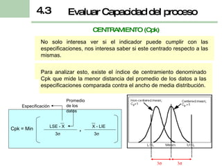 CENTRAMIENTO (Cpk) No solo interesa ver si el indicador puede cumplir con las especificaciones, nos interesa saber si este centrado respecto a las mismas. Para analizar esto, existe el índice de centramiento denominado Cpk que mide la menor distancia del promedio de los datos a las especificaciones comparada contra el ancho de media distribución. Evaluar Capacidad del proceso 4.3 LSE - X X - LIE Cpk = Min Especificación  Promedio de los datos 3  3  , 3  3  
