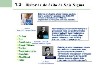 Historias de éxito de Seis Sigma “ Estamos en el quinto año de trabajos con Seis Sigma, y estos han generado más de $2,000 millones en beneficios en 1999, con proyecciones aún mayores para esta década”. “ Seis Sigma se ha consolidado después de 3 años de funcionamiento.  Este modelo de mejora de procesos y actividades ha conseguido un ahorro para Telefónica de España de más de 93 millones de euros, a través de la implementación de 178 proyectos.” C. Alierta  CEO Grupo Telefonica Kenneth I. Chenault,  President American Express J. Welch Past CEO, General Electric Du Pont Ford Dow Química Sherwin Williams Toshiba Texas Instruments Coca Cola Allied Signal Nokia 1.3 “ Comenzamos a implementar Seis Sigma a principios de 1998. De los 250 proyectos implementados, 31 fueron finalizados a fines de 1999.Estos 31 proyectos han generado ahorros anuales de $10.4 millones, o $334,000 por proyecto.” 