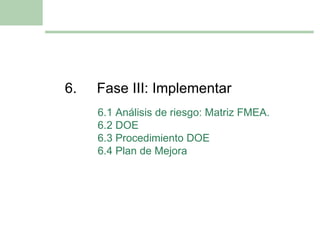 6. Fase III: Implementar 6.1 Análisis de riesgo: Matriz FMEA. 6.2 DOE 6.3 Procedimiento DOE 6.4 Plan de Mejora 