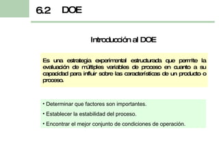 Es una estrategia experimental estructurada que permite la evaluación de múltiples variables de proceso en cuanto a su capacidad para influir sobre las características de un producto o proceso.  Determinar que factores son importantes. Establecer la estabilidad del proceso. Encontrar el mejor conjunto de condiciones de operación. DOE 6.2 Introducción al DOE 