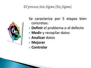 Se caracteriza por 5 etapas bien
  concretas:
 Definir el problema o el defecto
 Medir y recopilar datos
 Analizar datos
 Mejorar
 Controlar
 