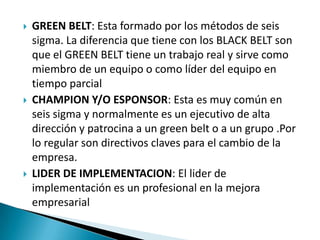    GREEN BELT: Esta formado por los métodos de seis
    sigma. La diferencia que tiene con los BLACK BELT son
    que el GREEN BELT tiene un trabajo real y sirve como
    miembro de un equipo o como líder del equipo en
    tiempo parcial
   CHAMPION Y/O ESPONSOR: Esta es muy común en
    seis sigma y normalmente es un ejecutivo de alta
    dirección y patrocina a un green belt o a un grupo .Por
    lo regular son directivos claves para el cambio de la
    empresa.
   LIDER DE IMPLEMENTACION: El lider de
    implementación es un profesional en la mejora
    empresarial
 