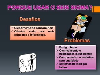  Crescimento da concorrência
 Clientes cada vez mais
exigentes e informados.

 Design fraco
 Conhecimento e
habilidades insuficientes
 Componentes e materiais
sem qualidade
 Sistemas de medição
falhos.

 