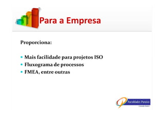Proporciona:
Mais facilidade para projetos ISO
Para a Empresa
Mais facilidade para projetos ISO
Fluxograma de processos
FMEA, entre outras
 