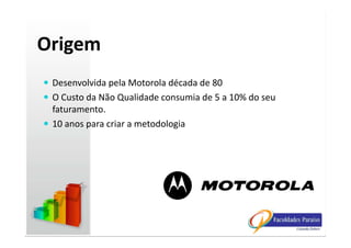 Origem
Desenvolvida pela Motorola década de 80
O Custo da Não Qualidade consumia de 5 a 10% do seu
faturamento.
10 anos para criar a metodologia10 anos para criar a metodologia
 