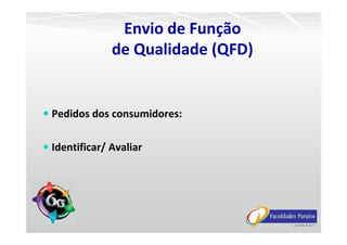 Pedidos dos consumidores:
Envio de Função
de Qualidade (QFD)
Identificar/ Avaliar
 
