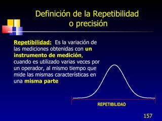 Definición de la Repetibilidad  o precisión REPETIBILIDAD Repetibilidad:   Es la variación de las mediciones obtenidas con...