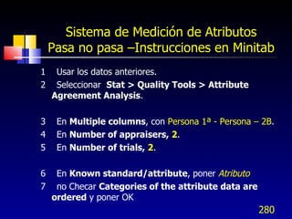 Sistema de Medición de Atributos Pasa no pasa –Instrucciones en Minitab <ul><li>1    Usar los datos anteriores. </li></ul>...