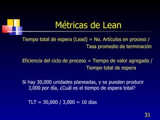Métricas de Lean <ul><li>Tiempo total de espera (Lead) = No. Artículos en proceso / </li></ul><ul><li>Tasa promedio de ter...