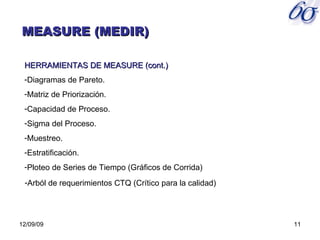 06/08/09 HERRAMIENTAS DE MEASURE (cont.) Diagramas de Pareto. Matriz de Priorización. Capacidad de Proceso. Sigma del Proceso. Muestreo. Estratificación. Ploteo de Series de Tiempo (Gráficos de Corrida) MEASURE (MEDIR) Arból de requerimientos CTQ (Crítico para la calidad) 