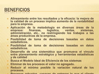 RESULTADOSConceptualmente los resultados de los proyectos Seis Sigma se obtienen por dos caminos. Los proyectos consiguen, por un lado, mejorar las características del producto o servicio, permitiendo conseguir mayores ingresos y, por otro, el ahorro de costes que se deriva de la disminución de fallos o errores y de los menores tiempos de ciclo en los procesos.