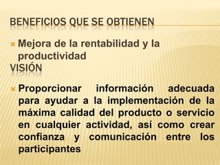Beneficios que se obtienenMejora de la rentabilidad y la productividadvisiónProporcionar información adecuada para ayudar a la implementación de la máxima calidad del producto o servicio en cualquier actividad, así como crear confianza y comunicación entre los participantesantecedentesEs una evolución de las teorías sobre calidad de más éxito desarrolladas después de la segunda guerra mundial. Pueden considerarse precursoras directas: