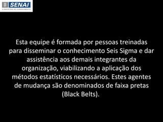 Esta equipe é formada por pessoas treinadas
para disseminar o conhecimento Seis Sigma e dar
assistência aos demais integrantes da
organização, viabilizando a aplicação dos
métodos estatísticos necessários. Estes agentes
de mudança são denominados de faixa pretas
(Black Belts).
 
