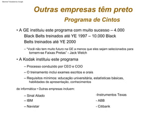 – “Você não tem muito futuro na GE a menos que eles sejam selecionados para
– Requisitos mínimos: educação universitária, estatísticas básicas,
tornem-se Faixas Pretas” - Jack Welch
-Instrumentos Texas
- ABB
- Citibank
– Sinal Aliado
– Processo conduzido por CEO e COO
– Navistar
– IBM
– O treinamento inclui exames escritos e orais
• A Kodak instituiu este programa
• A GE instituiu este programa com muito sucesso – 4.000
Black Belts treinados até YE 1997 – 10.000 Black
Belts treinados até YE 2000
habilidades de apresentação, conhecimentos
de informática • Outras empresas incluem:
Programa de Cintos
Outras empresas têm preto
Machine Translated by Google
 