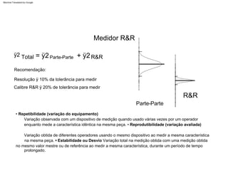 Parte-Parte R&R
Total
ÿ2 = ÿ2
Medidor R&R
+ ÿ2
Parte-Parte
R&R
Variação observada com um dispositivo de medição quando usado várias vezes por um operador
enquanto mede a característica idêntica na mesma peça. • Reprodutibilidade (variação avaliada)
Variação obtida de diferentes operadores usando o mesmo dispositivo ao medir a mesma característica
na mesma peça. • Estabilidade ou Desvio Variação total na medição obtida com uma medição obtida
no mesmo valor mestre ou de referência ao medir a mesma característica, durante um período de tempo
prolongado.
• Repetibilidade (variação do equipamento)
Recomendação:
Resolução ÿ 10% da tolerância para medir
Calibre R&R ÿ 20% de tolerância para medir
Machine Translated by Google
 