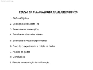 8. Conclusões
4. Escolha os níveis dos fatores
ETAPAS NO PLANEJAMENTO DE UM EXPERIMENTO
1. Defina Objetivo.
5. Selecione o Projeto Experimental
6. Execute o experimento e colete os dados
9. Execute uma execução de confirmação.
2. Selecione a Resposta (Y)
7. Analise os dados
3. Selecione os fatores (Xs)
Machine Translated by Google
 