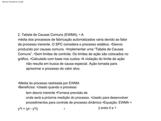 ÿ
•Média do processo rastreada por EWMA
•Benefícios: •Usado quando o processo
tem desvio inerente •Fornece previsão de
onde será a próxima medição do processo. •Usado para desenvolver
procedimentos para controle de processo dinâmico •Equação: EWMA =
y^t + (yt - y^t) ÿ entre 0 e 1
2. Tabela de Causas Comuns (EWMA). • A
média dos processos de fabricação automatizados varia devido ao fator
de processo inerente. O SPC considera o processo estático. •Desvio
produzido por causas comuns. •Implementar uma “Tabela de Causas
Comuns”. •Sem limites de controle. Os limites de ação são colocados no
gráfico. •Calculado com base nos custos •A violação do limite de ação
não resulta em busca de causa especial. Ação tomada para
aproximar o processo do valor alvo.
Machine Translated by Google
 