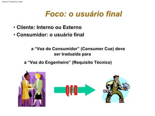 a “Voz do Consumidor” (Consumer Cue) deve
ser traduzida para
a “Voz do Engenheiro” (Requisito Técnico)
• Consumidor: o usuário final
• Cliente: Interno ou Externo
Foco: o usuário final
Machine Translated by Google
 