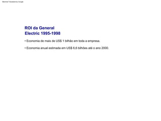 • Economia de mais de US$ 1 bilhão em toda a empresa.
• Economia anual estimada em US$ 6,6 bilhões até o ano 2000.
ROI da General
Electric 1995-1998
Machine Translated by Google
 