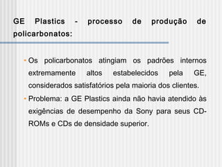 GE Plastics - processo de produção de
policarbonatos:
• Os policarbonatos atingiam os padrões internos
extremamente altos estabelecidos pela GE,
considerados satisfatórios pela maioria dos clientes.
• Problema: a GE Plastics ainda não havia atendido às
exigências de desempenho da Sony para seus CD-
ROMs e CDs de densidade superior.
 