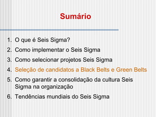 1. O que é Seis Sigma?
2. Como implementar o Seis Sigma
3. Como selecionar projetos Seis Sigma
4. Seleção de candidatos a Black Belts e Green Belts
5. Como garantir a consolidação da cultura Seis
Sigma na organização
6. Tendências mundiais do Seis Sigma
Sumário
 