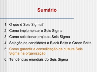 1. O que é Seis Sigma?
2. Como implementar o Seis Sigma
3. Como selecionar projetos Seis Sigma
4. Seleção de candidatos a Black Belts e Green Belts
5. Como garantir a consolidação da cultura Seis
Sigma na organização
6. Tendências mundiais do Seis Sigma
Sumário
 