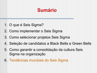 1. O que é Seis Sigma?
2. Como implementar o Seis Sigma
3. Como selecionar projetos Seis Sigma
4. Seleção de candidatos a Black Belts e Green Belts
5. Como garantir a consolidação da cultura Seis
Sigma na organização
6. Tendências mundiais do Seis Sigma
Sumário
 