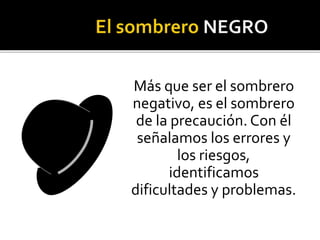 Más que ser el sombrero 
negativo, es el sombrero 
de la precaución. Con él 
señalamos los errores y 
los riesgos, 
identificamos 
dificultades y problemas. 
 