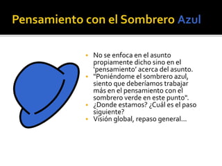  No se enfoca en el asunto 
propiamente dicho sino en el 
‘pensamiento’ acerca del asunto. 
 "Poniéndome el sombrero azul, 
siento que deberíamos trabajar 
más en el pensamiento con el 
sombrero verde en este punto". 
 ¿Donde estamos? ¿Cuál es el paso 
siguiente? 
 Visión global, repaso general... 
 