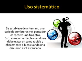 Se establece de antemano una 
serie de sombreros y el pensador 
los recorre uno tras otro. 
Esto es recomendable cuando se 
debe tratar un tema rápida y 
eficazmente o bien cuando una 
discusión esté estancada 
 