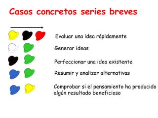 Casos concretos series breves 
Evaluar una idea rápidamente 
Generar ideas 
Perfeccionar una idea existente 
Resumir y analizar alternativas 
Comprobar si el pensamiento ha producido 
algún resultado beneficioso 
 