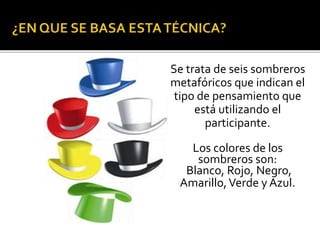 Se trata de seis sombreros 
metafóricos que indican el 
tipo de pensamiento que 
está utilizando el 
participante. 
Los colores de los 
sombreros son: 
Blanco, Rojo, Negro, 
Amarillo, Verde y Azul. 
 