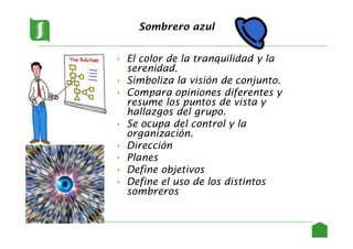 Sombrero azul
• El color de la tranquilidad y la
serenidad.
• Simboliza la visión de conjunto.
• Compara opiniones diferentes y
resume los puntos de vista y
hallazgos del grupo.
• Se ocupa del control y la
organización.
• Dirección
• Planes
• Define objetivos
• Define el uso de los distintos
sombreros
16
 