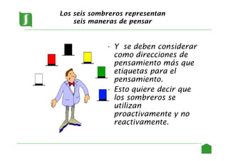 Los seis sombreros representan
seis maneras de pensar
• Y se deben considerar
como direcciones de
pensamiento más que
etiquetas para el
pensamiento.
• Esto quiere decir que
los sombreros se
utilizan
proactivamente y no
reactivamente.
18
 