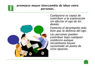 promueve mayor intercambio de ideas entre
personas.
• Cualquiera es capaz de
contribuir a la exploración
sin afectar el ego de los
demás.
• Fomenta el desempeño más
bien que la defensa del ego.
• Las personas pueden
contribuir bajo cualquier
sombrero aunque
inicialmente hayan
sustentado un punto de
vista opuesto.
19
 