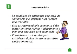 Uso sistemático
• Se establece de antemano una serie de
sombreros y el pensador los recorre
uno tras otro.
• Esto es recomendable cuando se debe
tratar un tema rápida y eficazmente o
bien una discusión esté estancada
• El sombrero azul servirá para
establecer el plan de uso de los otros
cinco sombreros.
23
 