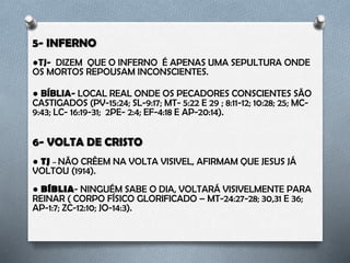 6- VOLTA DE CRISTO
● TJ – Não crêem na volta visível, afirmam que Jesus já voltou (1914).
● BÍBLIA- Ninguém sabe o dia, voltará visivelmente para reinar com um corpo
glorificado – (Mt-24:27-28; 30,31 e 36; Ap-1:7; Zc-12:10; Jo-14:3).
7- 144.000 ESCOLHIDOS
●TJ- Afirmam que são os escolhidos por Jeová para ir para o céu.
● BÍBLIA- Ensina de forma literal que esses escolhidos pertencem as tribos judaicas
(Ap- 7:3-8 – Mas não são os únicos no céu- Ap-7:9-10).
8- CEIA
●TJ- Não tomam a ceia, dizem que esta cerimônia é só para os escolhidos
(144.000).
● BÍBLIA - É uma ordenança, os apóstolos e toda a igreja primitiva tomavam a
ceia (Jo-6:53 e 1 Co-11:17-26).
 