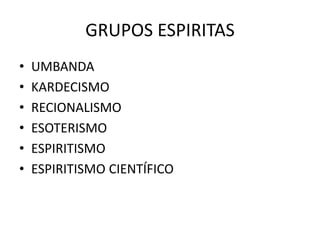 GRUPOS ESPIRITAS
• UMBANDA
• KARDECISMO
• RECIONALISMO
• ESOTERISMO
• ESPIRITISMO
• ESPIRITISMO CIENTÍFICO
 