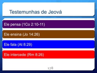 Testemunhas de Jeová
178
Ele pensa (1Co 2:10-11)
Ele ensina (Jo 14:26)
Ele fala (At 8:29)
Ele intercede (Rm 8:26)
 