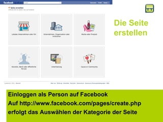 Die Seite erstellen Einloggen als Person auf Facebook  Auf http://www.facebook.com/pages/create.php erfolgt das Auswählen der Kategorie der Seite  