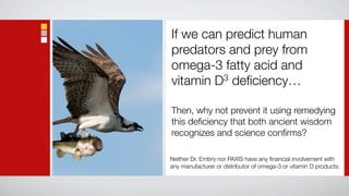 If we can predict human
predators and prey from
omega-3 fatty acid and
vitamin D3 deﬁciency…


Then, why not prevent it using remedying
this deﬁciency that both ancient wisdom
recognizes and science conﬁrms?

Neither Dr. Embry nor PAXIS have any ﬁnancial involvement with
any manufacturer or distributor of omega-3 or vitamin D products.
 