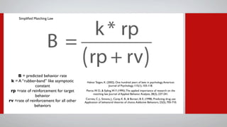 Simpliﬁed Matching Law




     B = predicted behavior rate
 k = A “rubber-band” like asymptotic        Halvor Teigen, K. (2002). One hundred years of laws in psychology. American
               constant                                         Journal of Psychology, 115(1), 103-118.
 rp =rate of reinforcement for target      Pierce, W. D., & Epling, W. F. (1995). The applied importance of research on the
                                                 matching law. Journal of Applied Behavior Analysis, 28(2), 237-241.
               behavior
                                           Correia, C. J., Simons, J., Carey, K. B., & Borsari, B. E. (1998). Predicting drug use:
rv =rate of reinforcement for all other   Application of behavioral theories of choice. Addictive Behaviors, 23(5), 705-710.
               behaviors
 