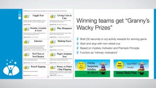 Winning teams get “Granny’s
Wacky Prizes”
 Brief (30 seconds or so) activity rewards for winning game
 Start and stop with non-verbal cue
 Based on mystery motivator and Premack Principle
 Function as “intrinsic motivators”


As-tu   J’ai les                   Got      Got PAX?
 des    Surprises     Got
                                  PAX?                    Got
                                                         PAX?




                                            I’ve got
                     PAX?




PAX?
        fofolles
        de Mémé                  Granny’s Wacky Prizes
 