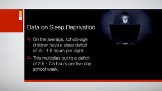 Data on Sleep Deprivation
  On the average, school-age
  children have a sleep deﬁcit
  of .5 - 1.5 hours per night.
  This multiplies out to a deﬁcit
  of 2.5 - 7.5 hours per ﬁve day
  school week.
 
