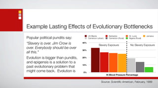 Example Lasting Effects of Evolutionary Bottlenecks
                                          US Blacks            Barbados           St. Lucia         Jamaica
Popular political pundits say:            Cameroon (urban)     Cameroon (Rural)   Nigeria (Rural)

“Slavery is over. Jim Crow is       40%
                                                     Slavery Exposure              No Slavery Exposure
over. Everybody should be over
                                    30%
all this.”
Evolution is bigger than pundits,   20%

and epigensis is a solution to a
                                    10%
past evolutionary problem that
might come back. Evolution is       0%
                                                             Hi Blood Pressure Percentage


                                                       Source: Scientiﬁc American, February, 1999
 
